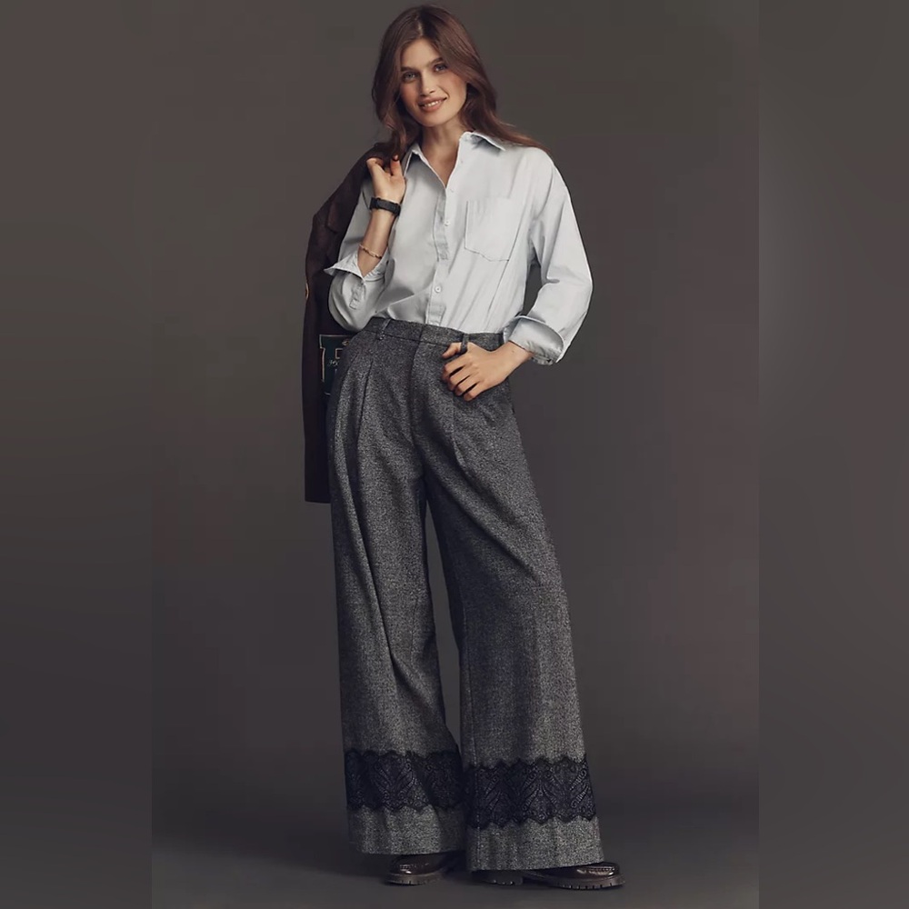 New Anthropologie The Avery Pleated Wide-Leg Tweed Lace Trousers by Maeve sz S